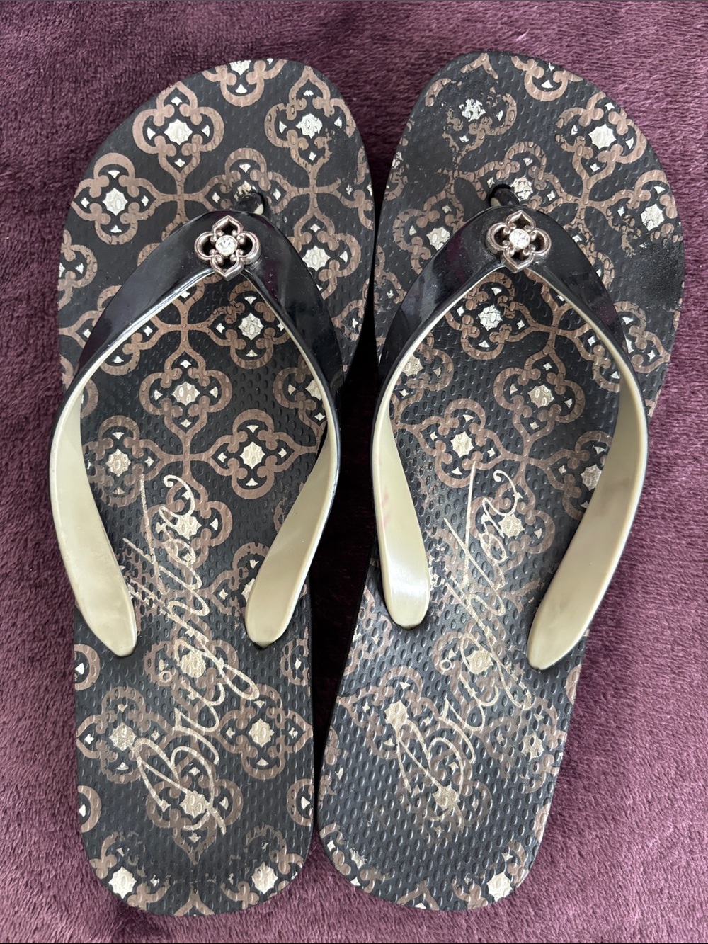 Brighton Women’s Black Patterned Flip Flops with Rhinestone Accent